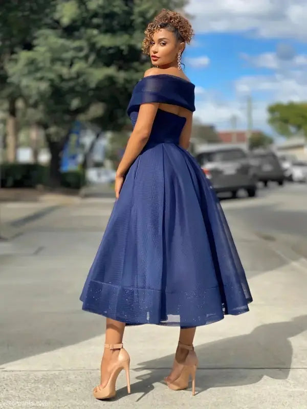Elegant navy blue Vetements dress, slim off-shoulder midi with full skirt, free shipping