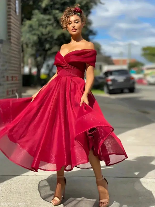 Vibrant red off-shoulder Slim A-Line Vetements dress with flowing skirt, perfect for free shipping