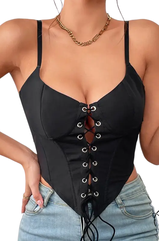 Sexy bright orange slim boning corset with lace-up V-neck over jeans