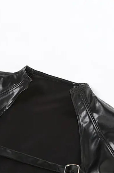 Slim faux leather crop jacket in shiny black with buckle strap