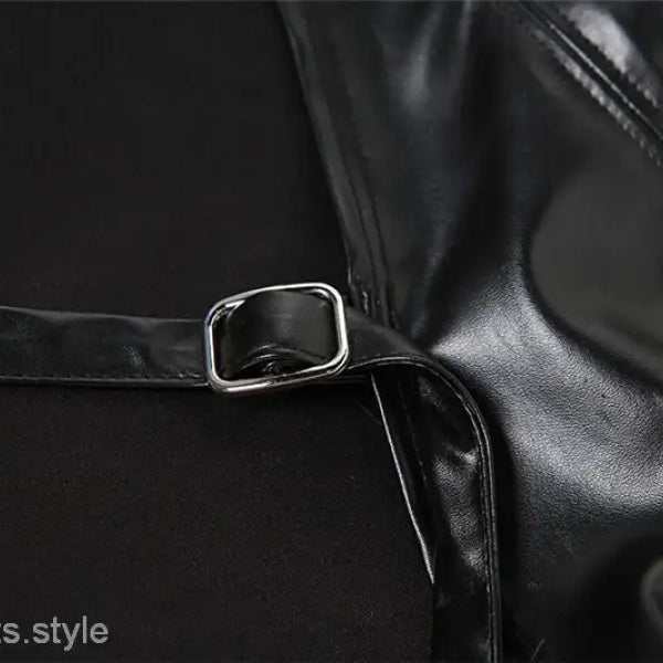 Slim Faux Leather Crop Jacket in shiny black faux leather with silver buckle for street trend slim style