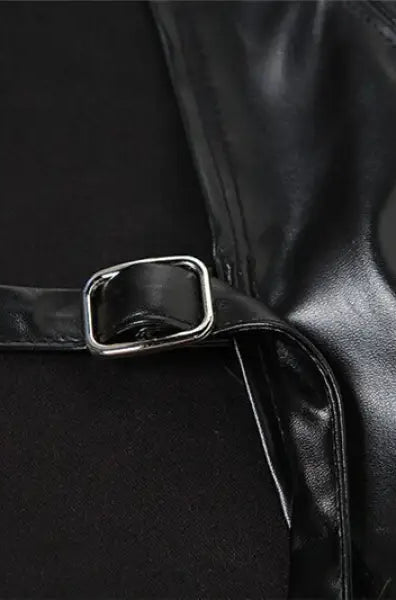 Slim faux leather crop jacket with silver buckle, embracing street trend slim look