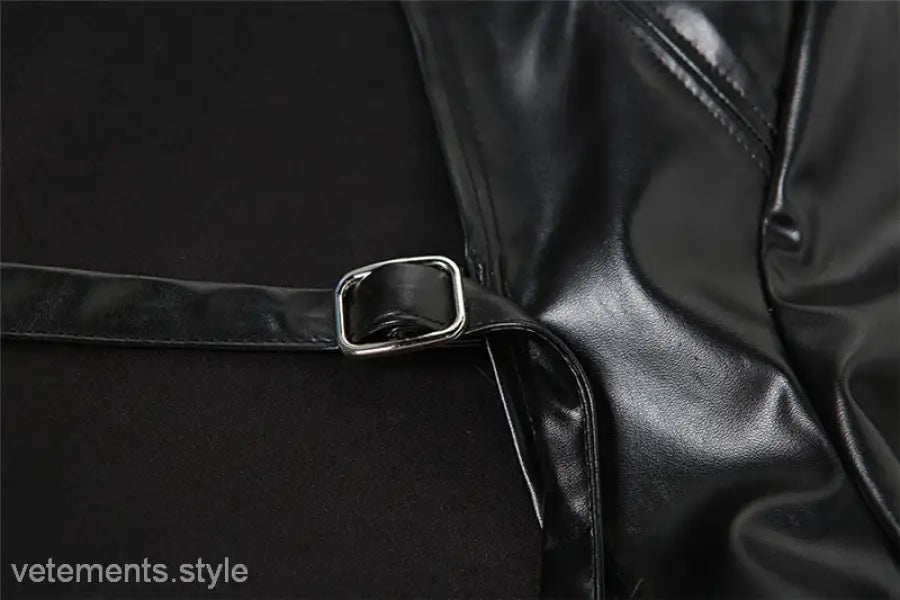 Slim Faux Leather Crop Jacket in shiny black faux leather with silver buckle for street trend slim style
