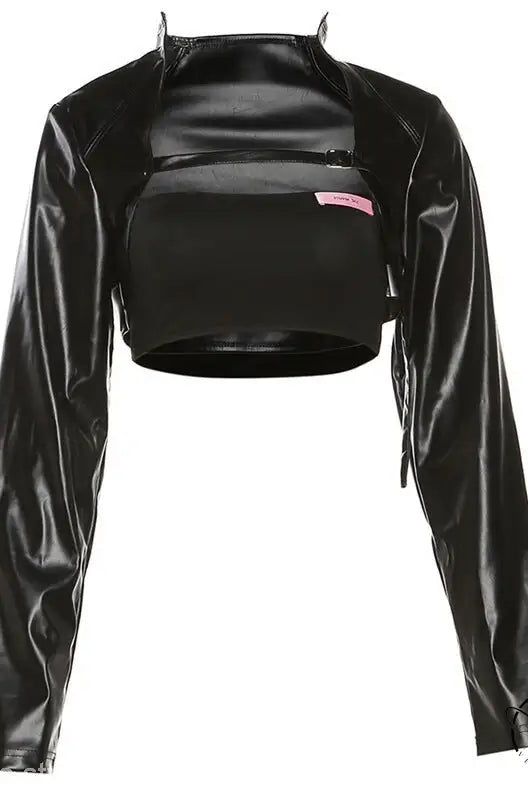 Slim faux leather crop jacket with mock neck bolero in street trend slim style