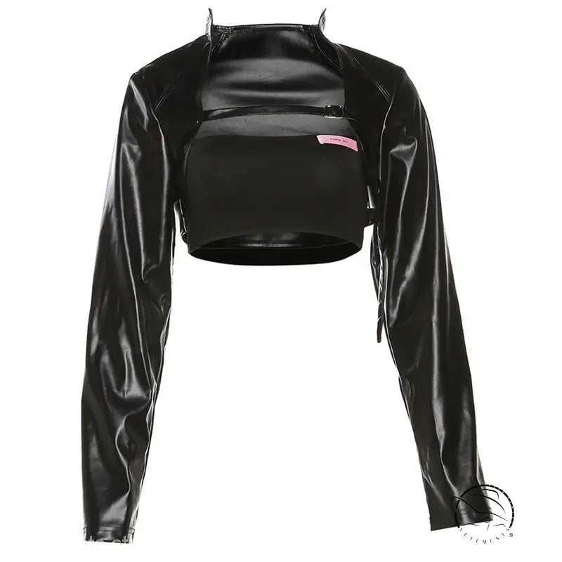 Slim faux leather crop jacket with mock neck bolero in street trend slim style