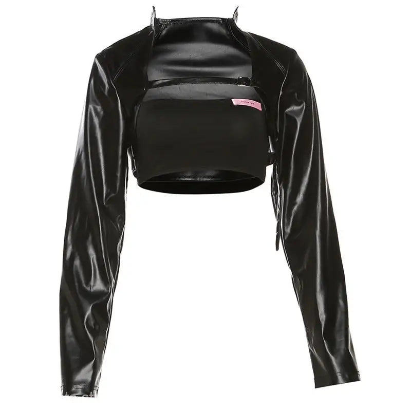 Black faux leather long-sleeve bolero jacket with mock neck over matching strapless crop top for street trend slim style