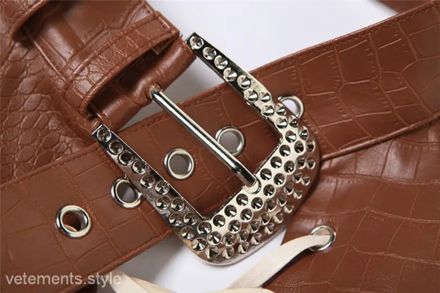 Brown leather belt with decorative silver buckle, perfect for slim fit match vest, free shipping