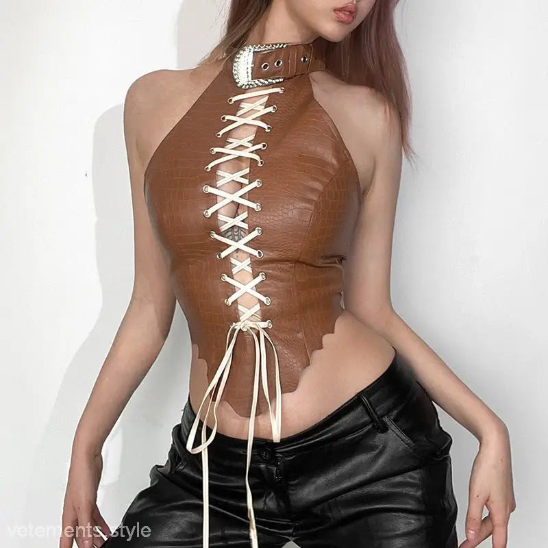 Brown leather slim fit halter top with white lace-up front and buckled collar for stylish match vest looks with free shipping