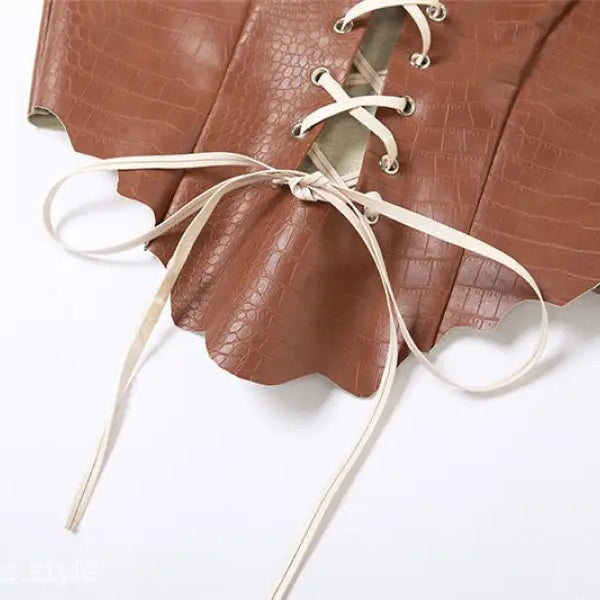 Brown leather corset with white lacing for Slim Fit Backless Halter Top, match vest style