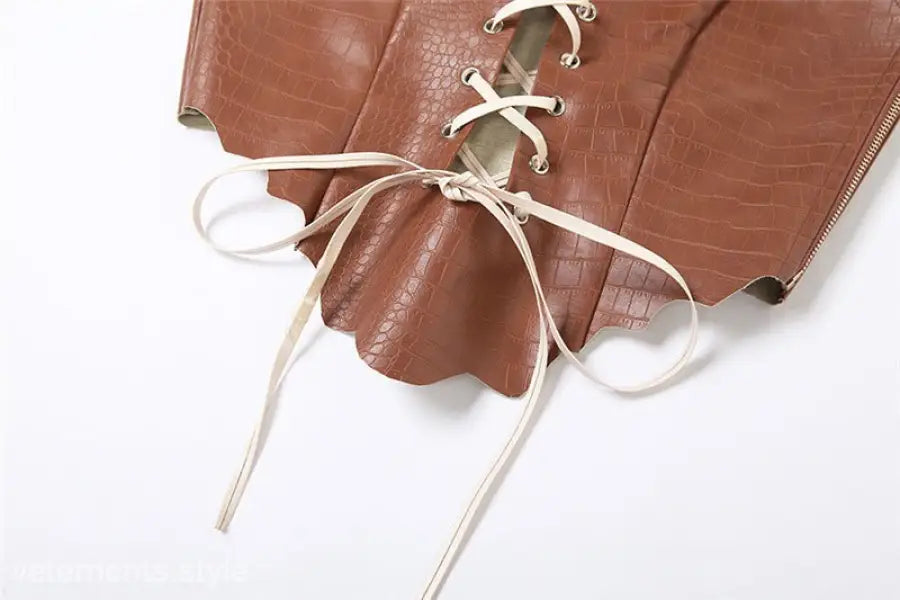 Brown leather corset with white lacing for Slim Fit Backless Halter Top, match vest style