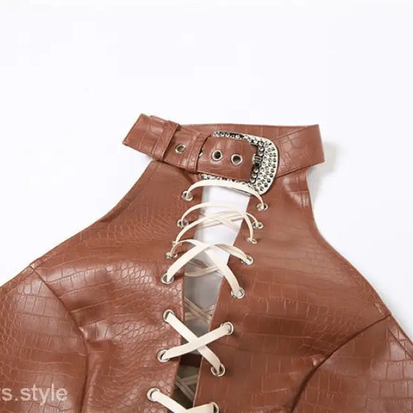Brown leather slim fit corset-style halter top with lace-up front and decorative buckle strap for match vest style with free shipping