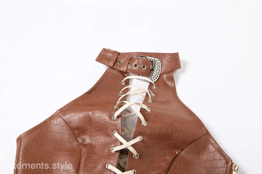 Brown leather slim fit corset-style halter top with lace-up front and decorative buckle strap for match vest style with free shipping