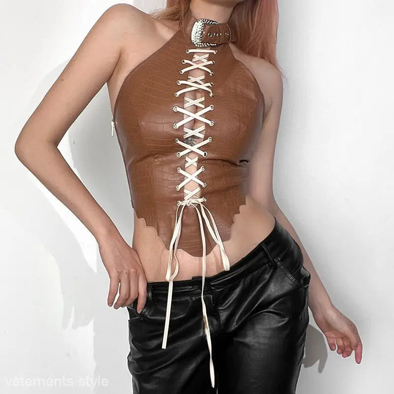Slim fit brown leather corset-style top with white lacing and decorative buckle collar