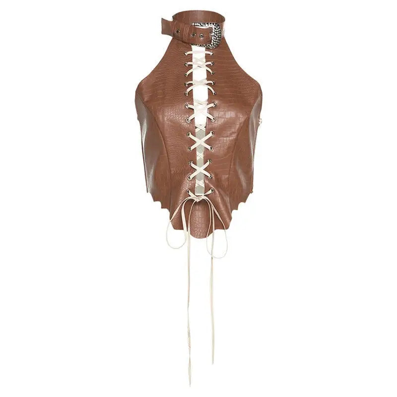 Slim fit brown leather halter top with lace-up front and buckled collar for a stylish match vest
