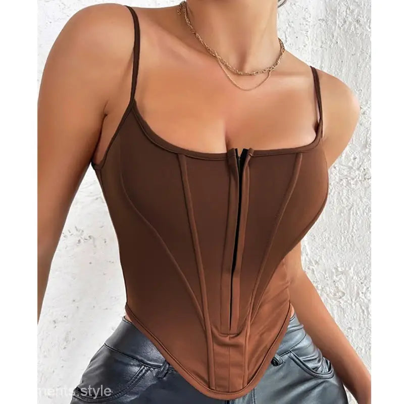 Brown slim fit boning corset with square neck, Sophia Stitching, and front zipper closure