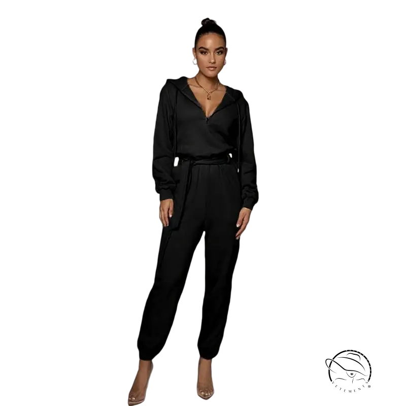 Slim fit hooded open collar jumpsuit in black satin with tie-waist