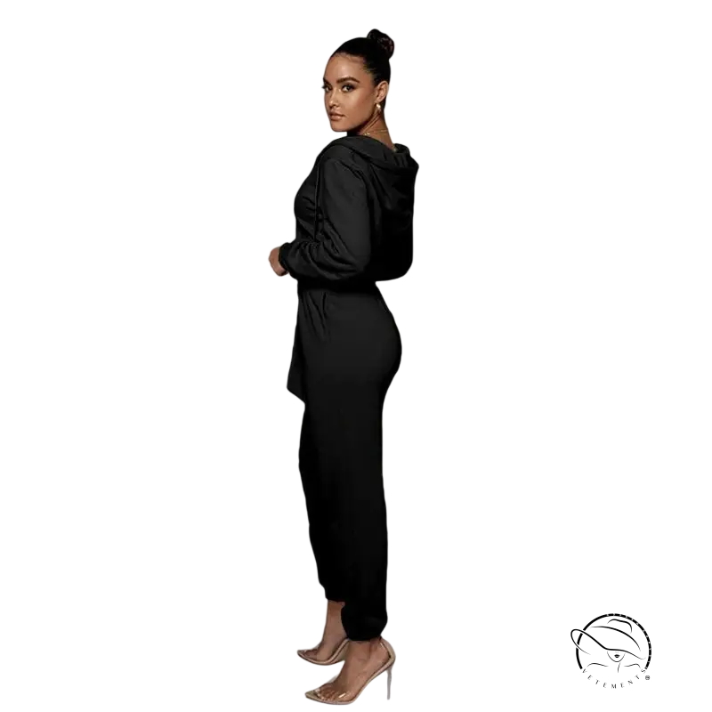 Slim fit hooded collar jumpsuit in black satin-like polyester