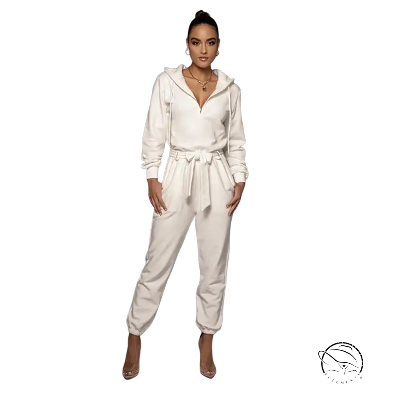 Slim fit hooded collar jumpsuit in white polyester with belted waist