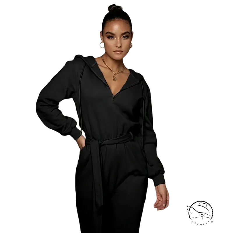 Slim fit hooded collar jumpsuit in black polyester with belted waist