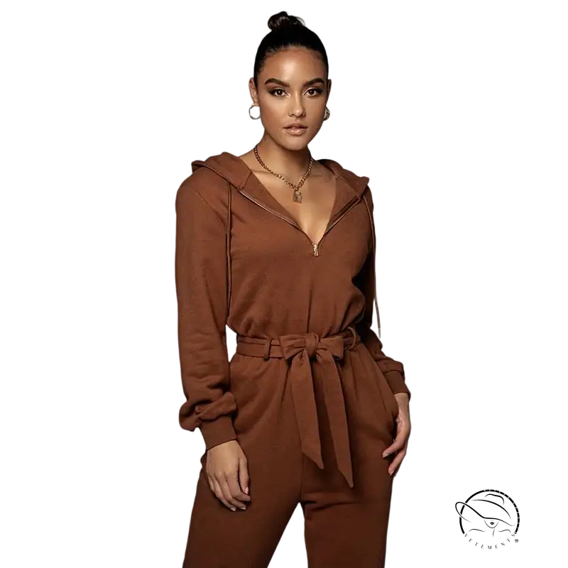 Slim fit hooded collar jumpsuit in brown polyester with belted waist