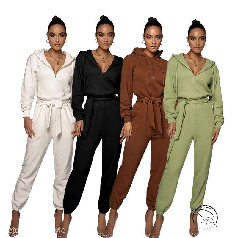 Four women model slim fit hooded collar jumpsuit in four colors