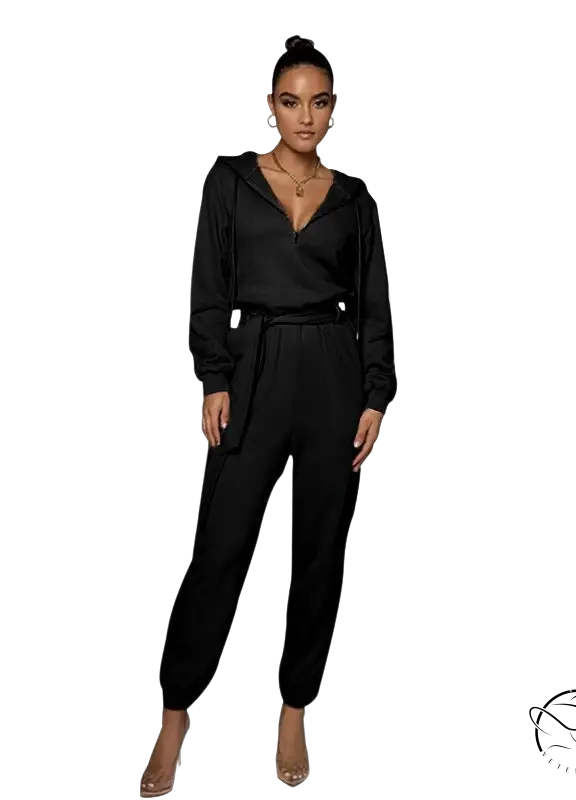 Slim fit hooded collar jumpsuit in black satin with belted waist