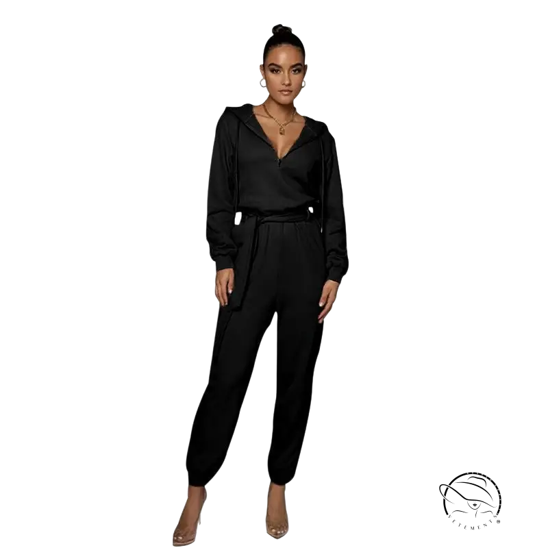 Slim fit hooded collar jumpsuit in black satin with belted waist