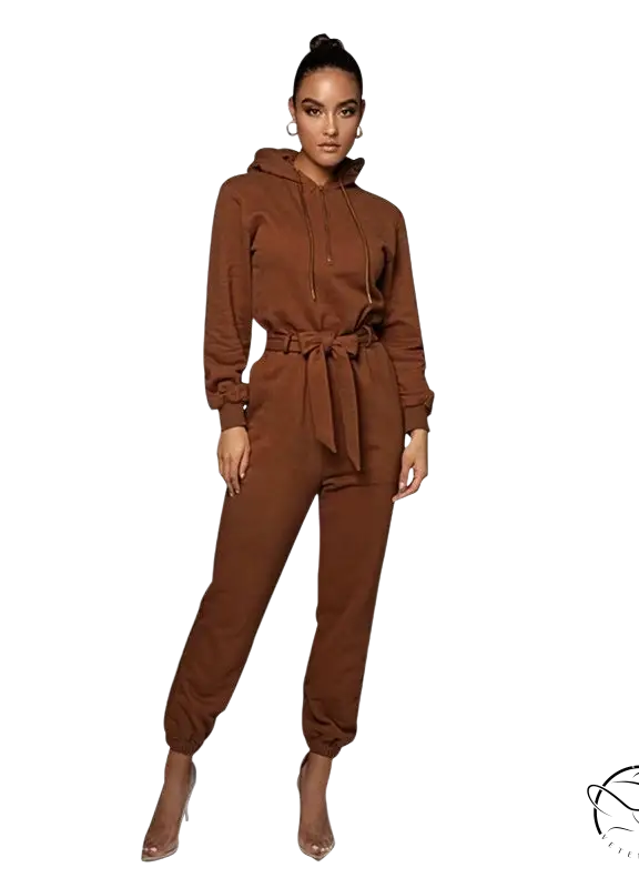 Slim fit hooded collar jumpsuit in brown polyester with tied waistband