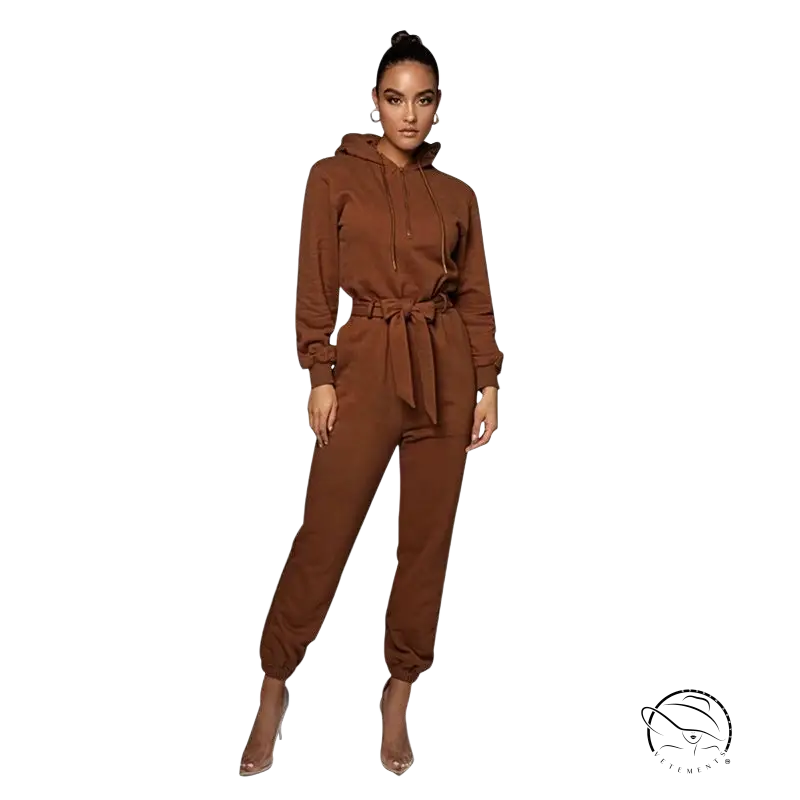 Slim fit hooded collar jumpsuit in brown polyester with tied waistband