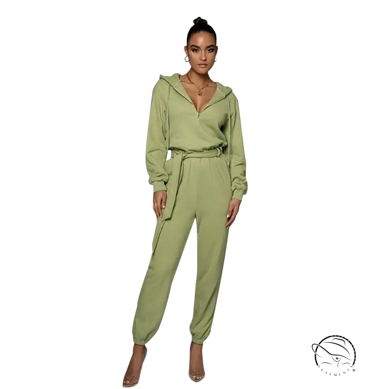 Slim fit hooded collar jumpsuit in soft sage green polyester with belted waist