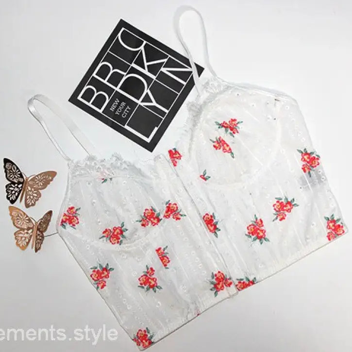 White floral embroidered corset sexy camisole with tulle accents and slim design
