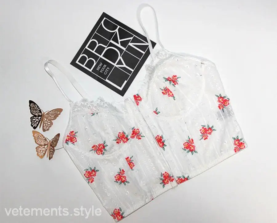 White floral embroidered corset sexy camisole with tulle accents and slim design