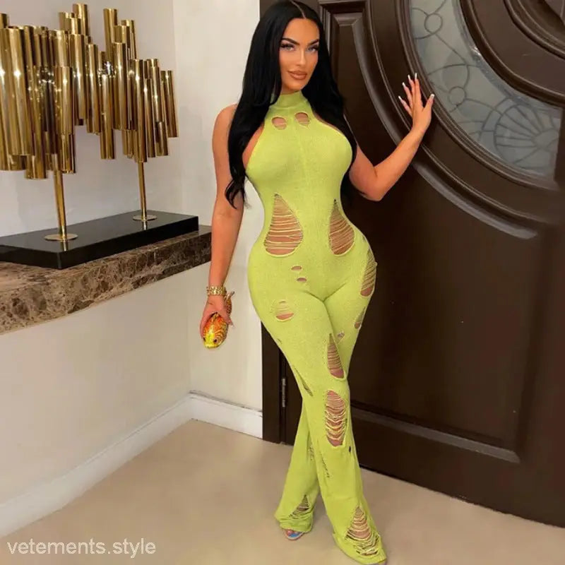 Distressed green slim sexy wife jumpsuit with cutout mock neck for summer elegance