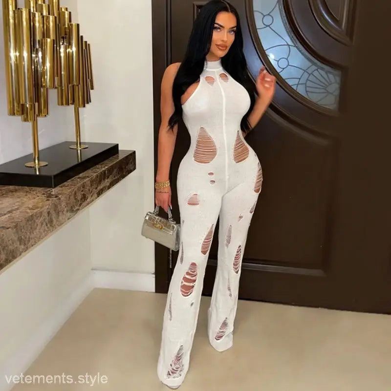 Ripped white halter slim sexy wife jumpsuit from Slim Jumpsuit with Cutout Mock Neck collection