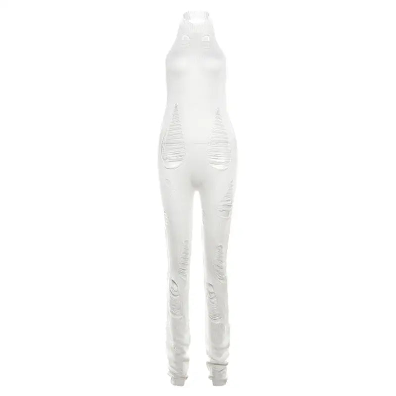 White ripped slim sexy wife jumpsuit with cutout mock neck for summer elegance