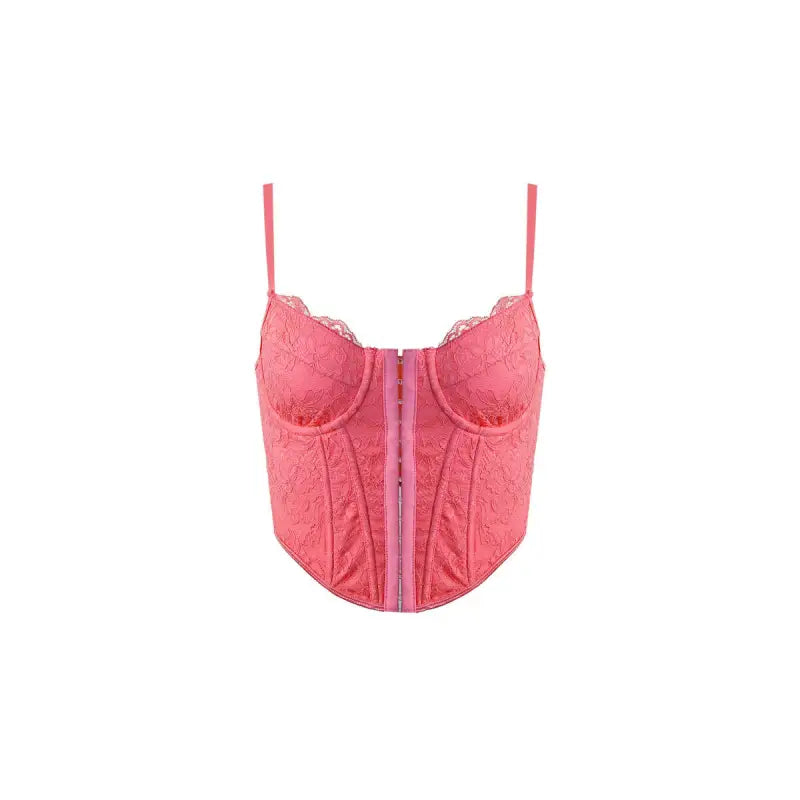 Pink lace-trimmed Slim Summer Boning Corset with front zipper closure and tulle details