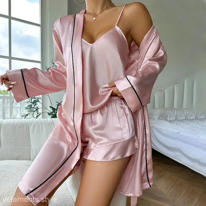 Pink silk pajama set with matching robe, perfect for luxury smoky gray three-piece lounge wear