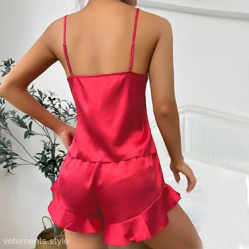 Red satin slip dress with thin straps and ruffled hem from Smoky Gray Three-Piece Lounge Set