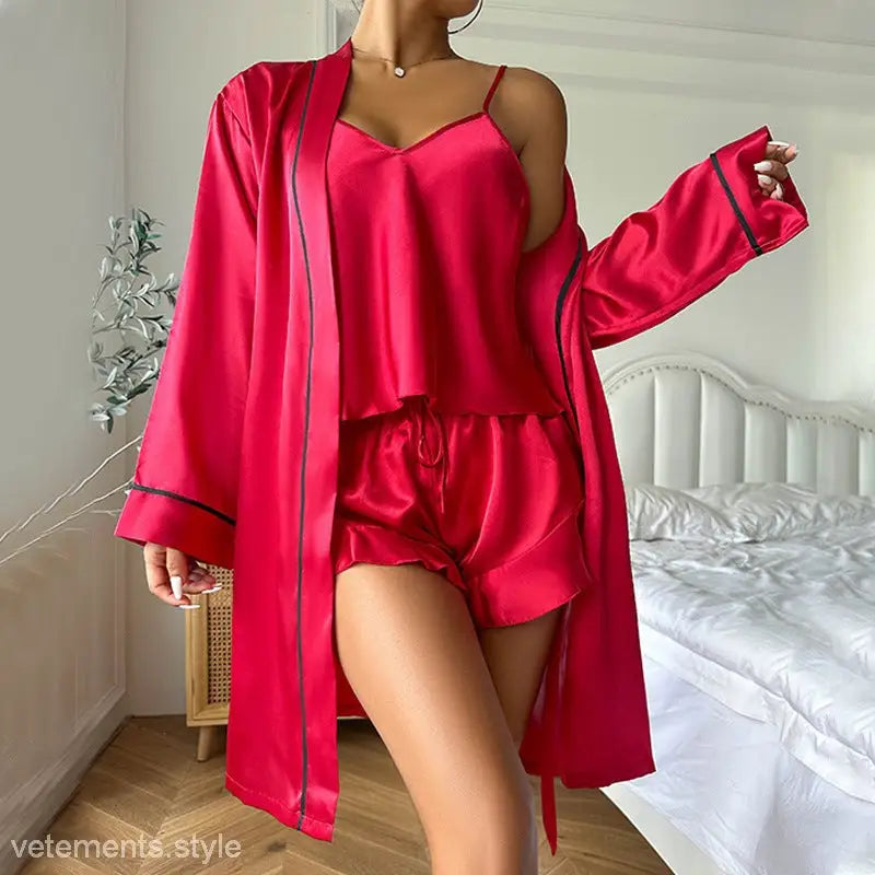 Vibrant red silk pajama set with matching robe, ideal as a red three-piece set option