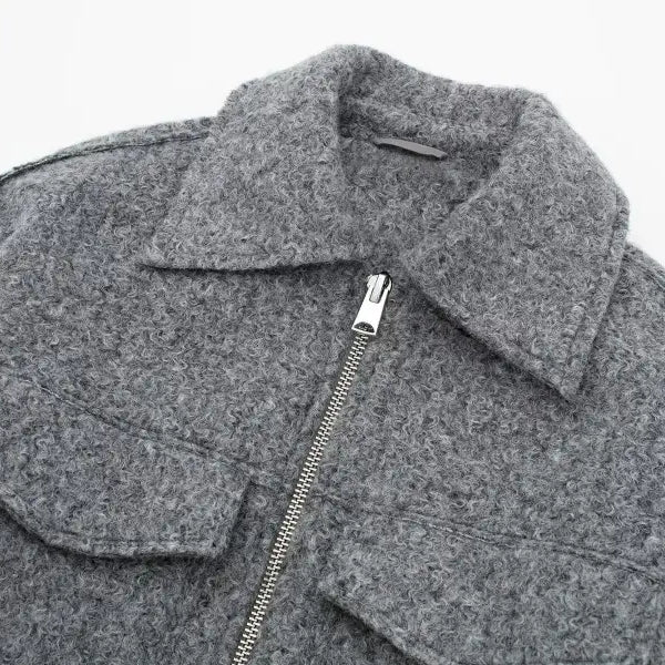 Gray wool coat with zipper front and winter polo collar in soft tweed jacket style