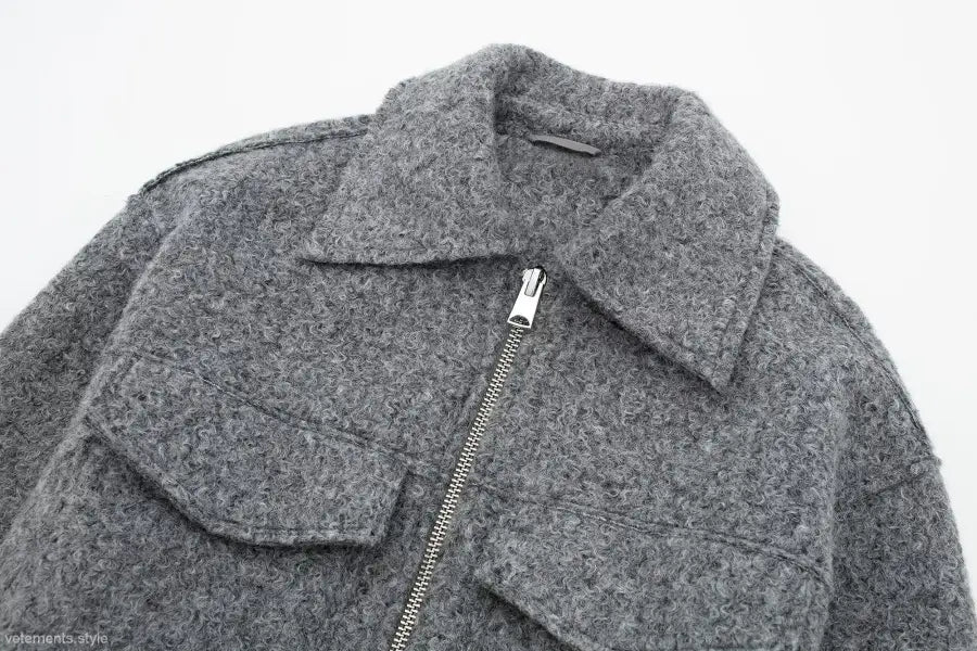 Gray wool coat with zipper front and winter polo collar in soft tweed jacket style