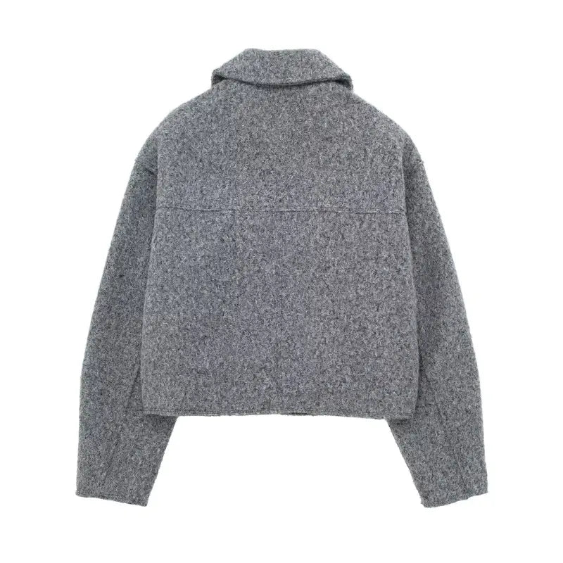 Gray wool cropped jacket with collar soft tweed and zipper closure for winter wear