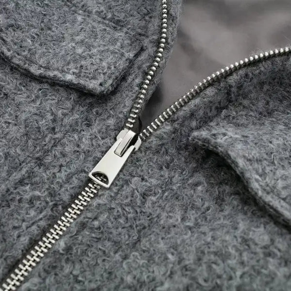 Gray wool soft tweed jacket with collar, metal zipper, perfect for winter polo collar style