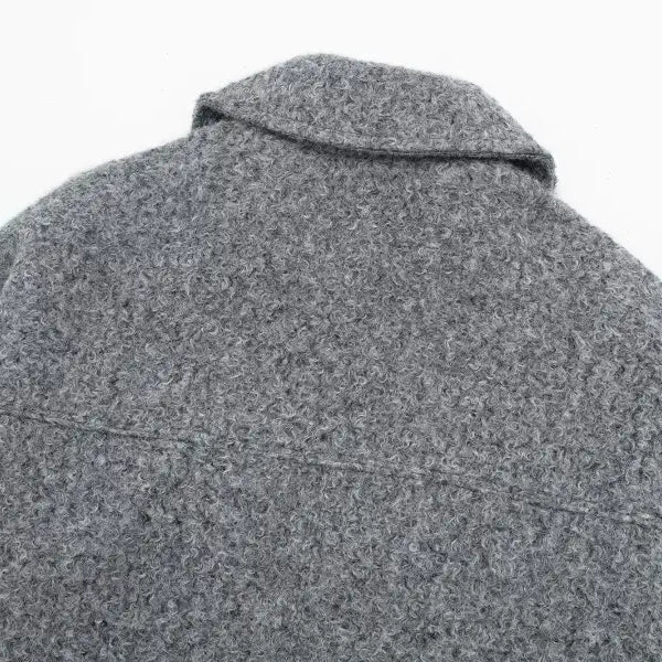 Gray wool coat with collar soft tweed and winter polo collar, back view of soft tweed jacket