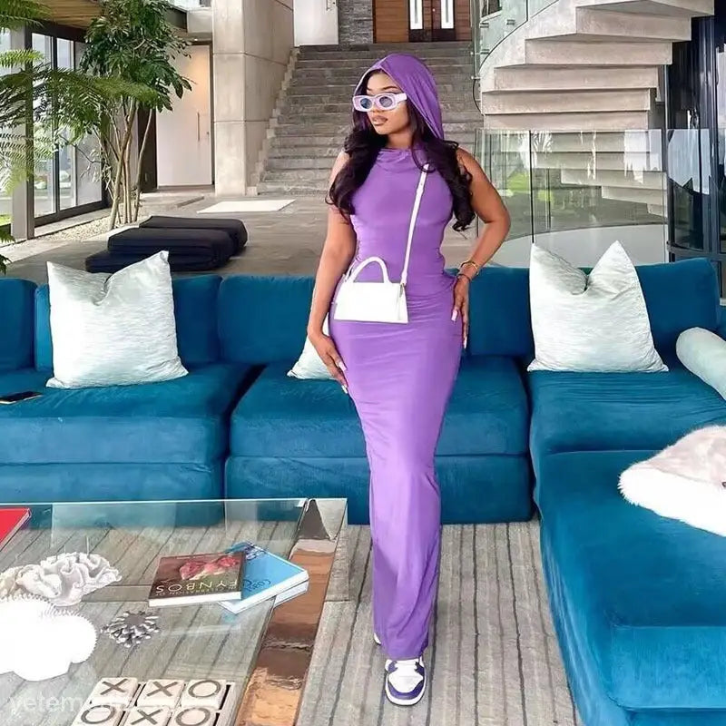 SOLID COLOR HOODED SHEATH SPLIT DRESS-VETEMENTS