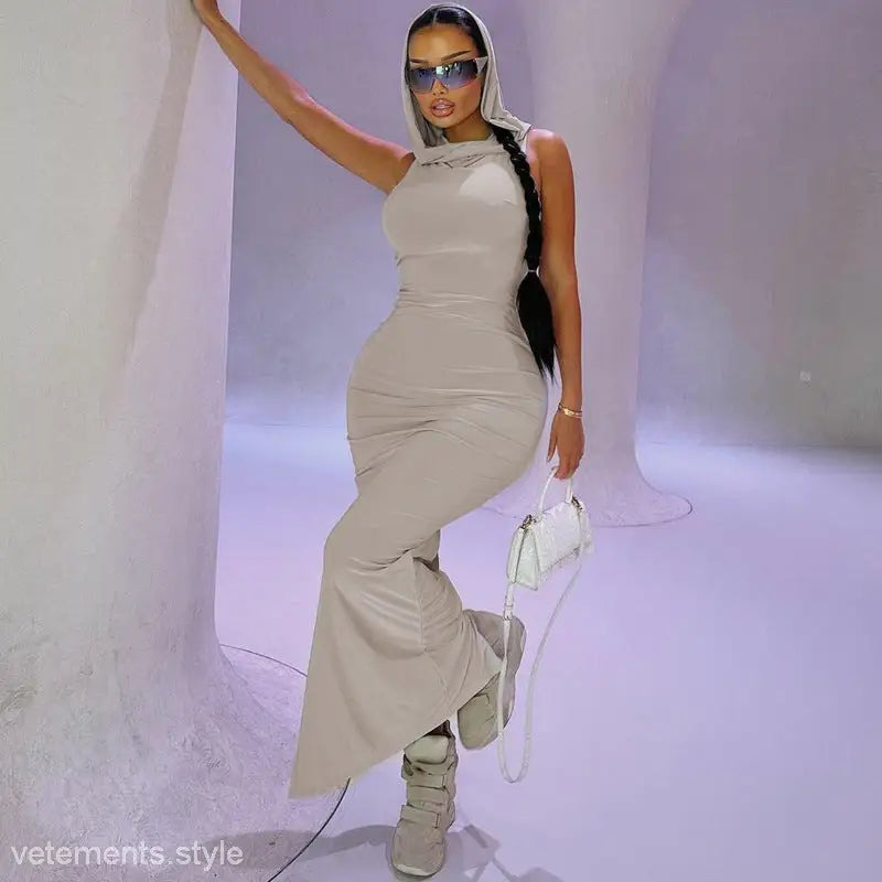 SOLID COLOR HOODED SHEATH SPLIT DRESS-VETEMENTS