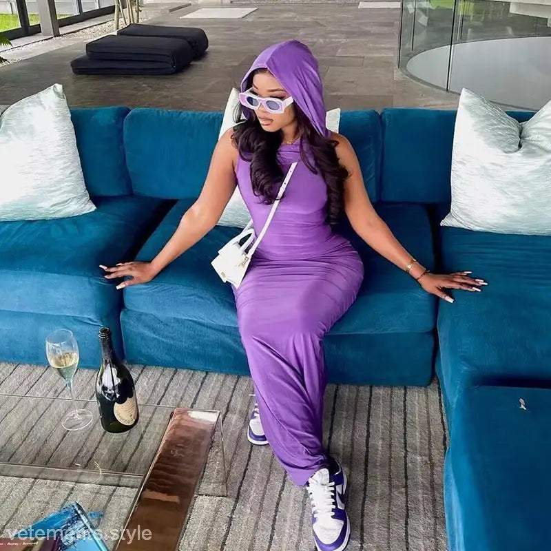 SOLID COLOR HOODED SHEATH SPLIT DRESS-VETEMENTS