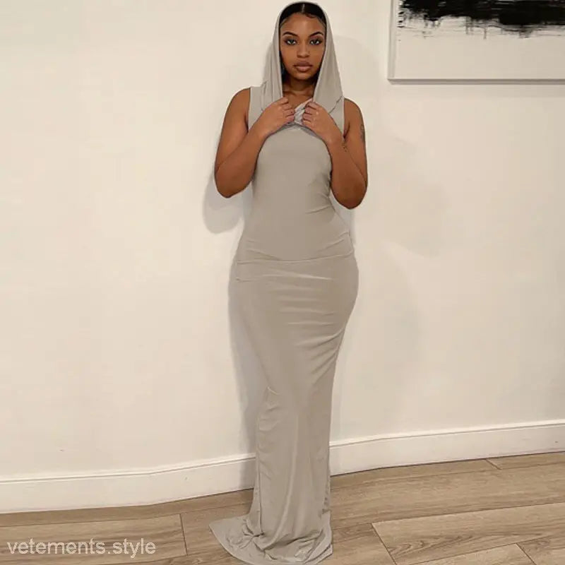 SOLID COLOR HOODED SHEATH SPLIT DRESS-VETEMENTS