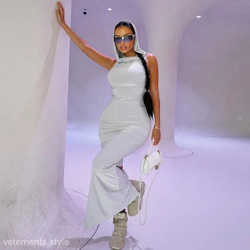 SOLID COLOR HOODED SHEATH SPLIT DRESS-VETEMENTS