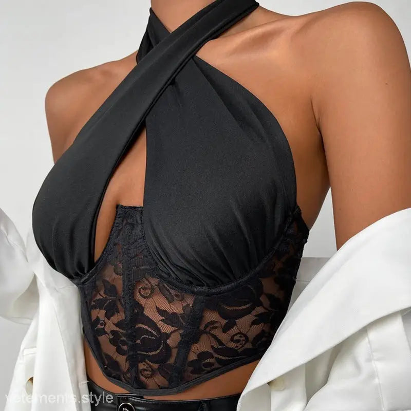Black halter-neck top with lace boning corset-style bodice and stitching lace boning design